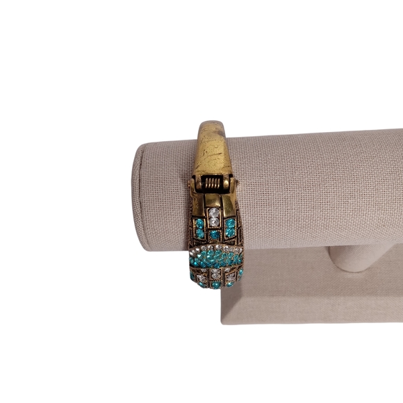 Gold and Blue Mosaic Women's Bracelet Has Aqua And‎ Clear Rhinestones HINGED - Picture 3 of 5